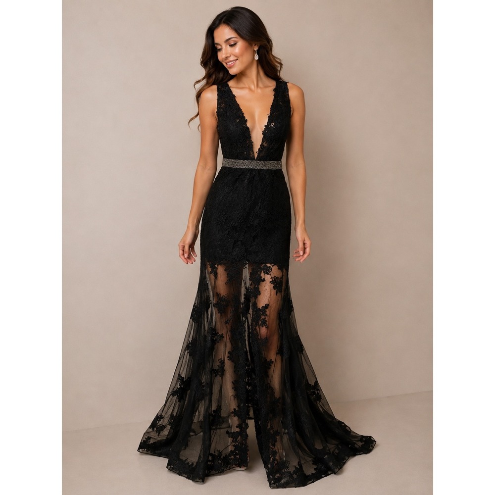 Sherri Hill Black Lace Plunging V-Neck Beaded Waist Formal Gown Dress Size 4